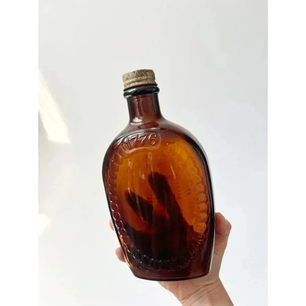 Vintage Dark Browl Glass Log Cabin Syrup Bicentennial Glass Container with Top